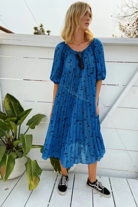 1980s Blue Dress with Accordion Details