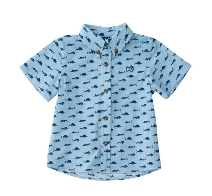Blue S/S Shirt with Fish Print – 18M only