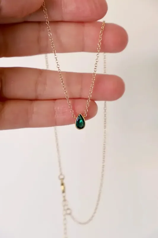 CN1571EMG Gold Necklace-Emerald CZ Pear Drop