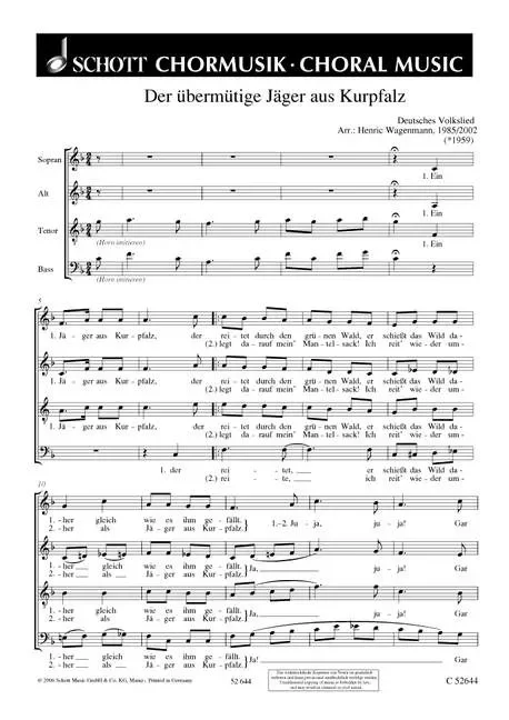 Der übermütige Jäger aus Kurpfalz – Choral Score