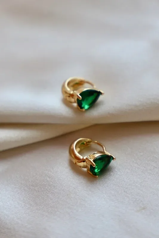 E1623EMG Gold Crystal Teardrop Huggies-Emerald