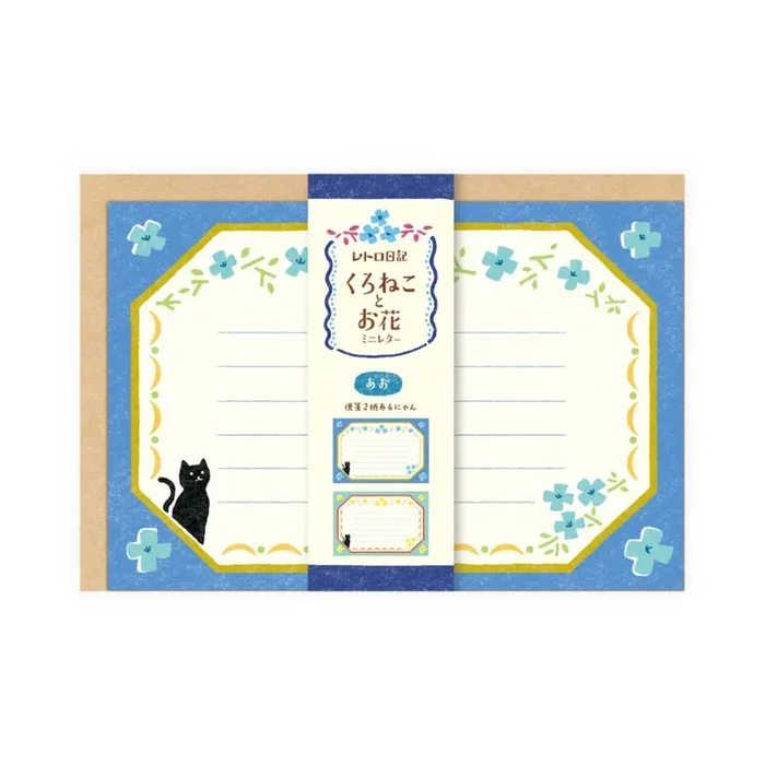 Furukawashiko Mini Letter Set – Black Cat and Flowers on Blue