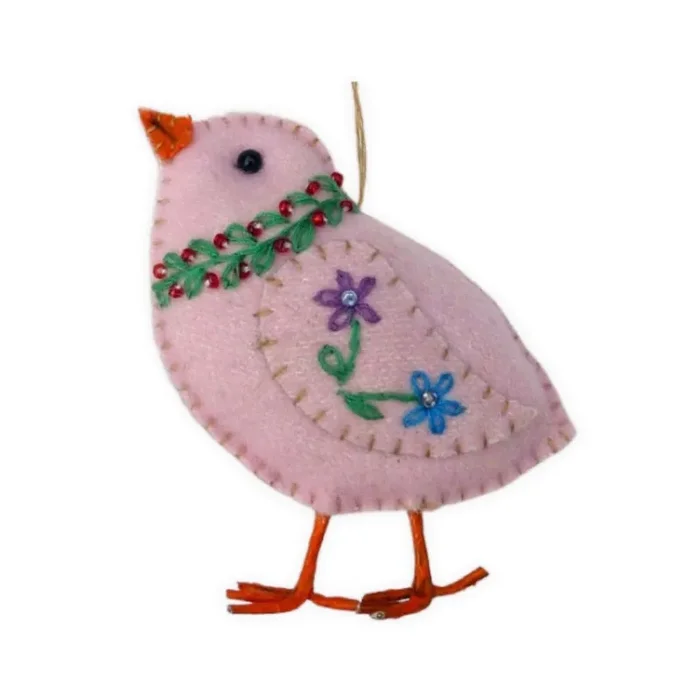 Pink Chick with Green Necklace Felt Bauble