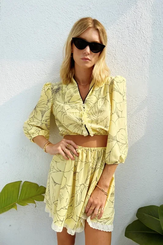 Reworked 1980s Yellow Floral Two Piece Set