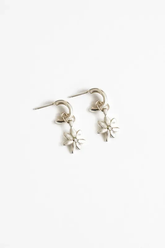 Silver Flower Charm Hoops